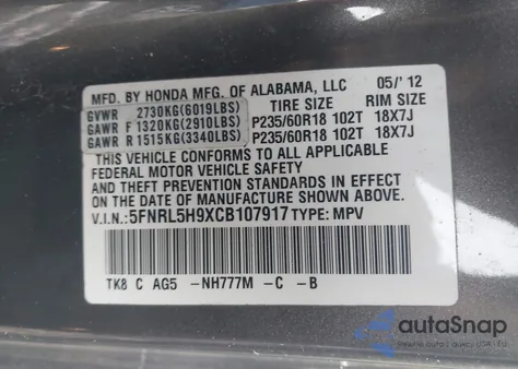 2012 Honda Odyssey Touring/Touring Elite z USA, uszkodzony, nr VIN 5FNRL5H9XCB107917